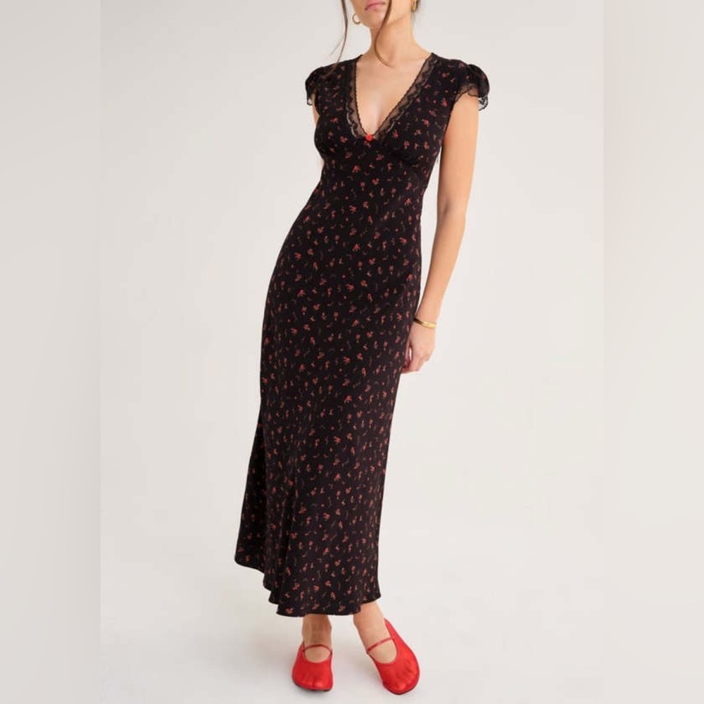 Rumored Black Maxi Dress with Red Floral Print, size M, worn once!